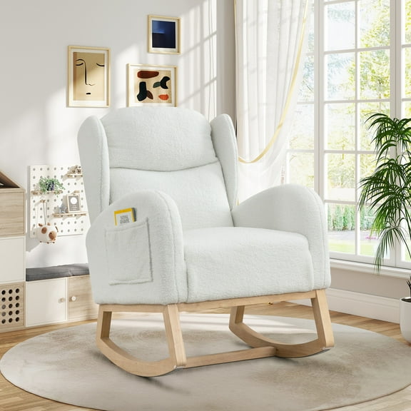 Lunale Indoor Rocking Chair, Upholstered Accent Rocker Chair with Wood Legs, Ivory Teddy