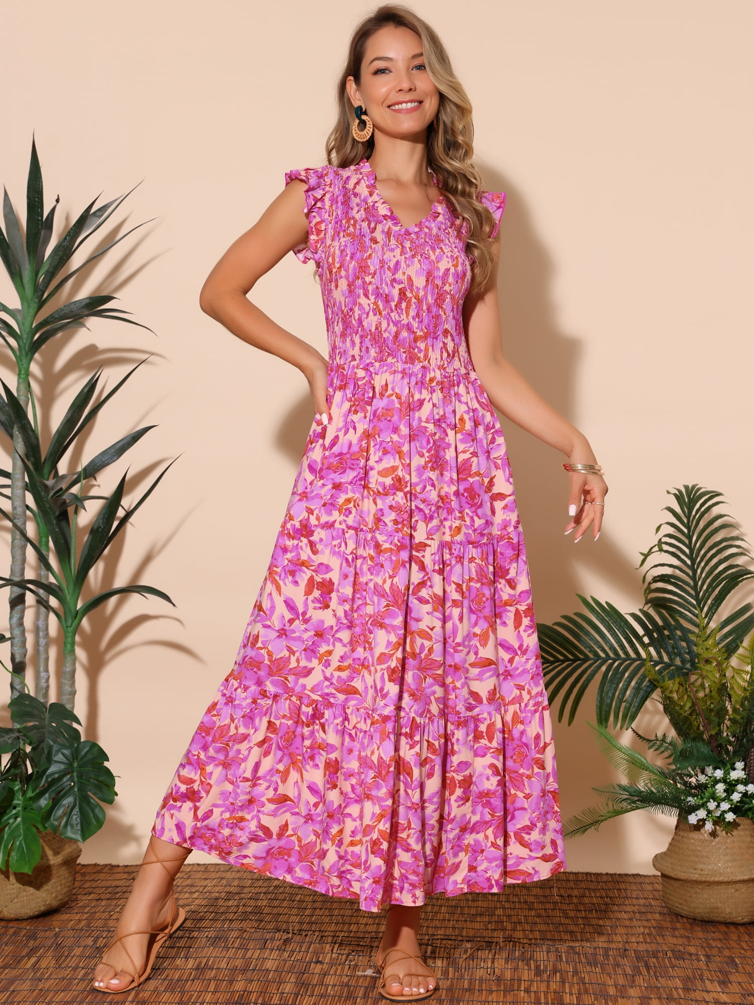 DARING DIVA V Neck Smocked Ruffle Tiered Maxi Dress L Hot Pink