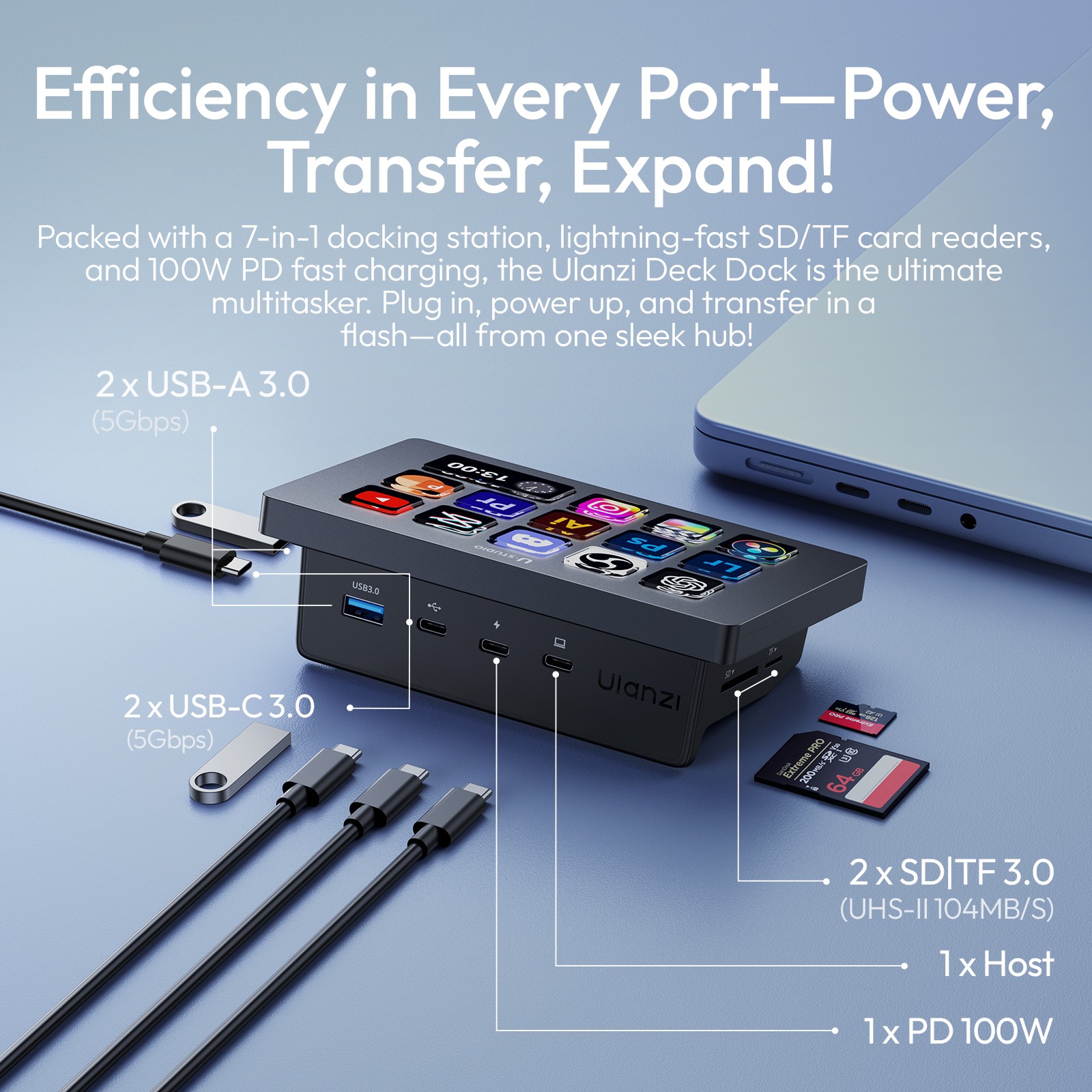 Ulanzi D200H 7-in-1 USB-C Dock & Stream Control Hub, 100W PD Docking Station with Custom Shortcut Pad, SD/TF Reader for Windows & macOS