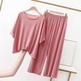 thumbnail image 5 of Bixock Pajamas for Women Solid Color Ice Silk Short Sleeve Top Lace Neck Long Pants 2 Piece Loungewear Sleepwear, 5 of 6