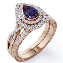 JeenMata Edwardian Filigree - 1.75 Carat Pear Shape Lab Created Alexandrite and Moissanite - Infinity Duo Halo Wedding Ring Set - 18K Rose Gold Plating over Silver