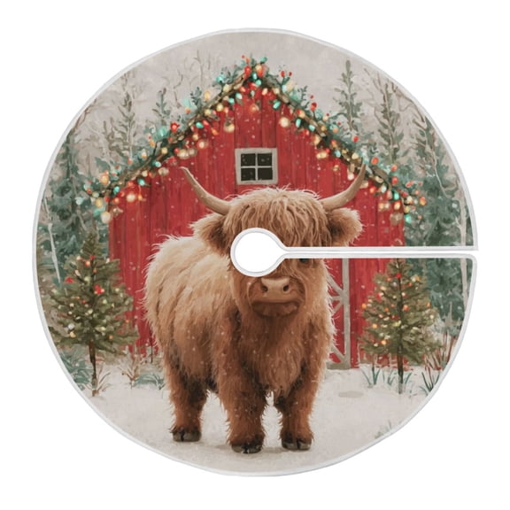 Christmas Tree Skirt 35.4 Inch Cute Highland Cow Pattern Tree Skirt Christmas Tree Mat Decor for Christmas Party Ornaments Decorations