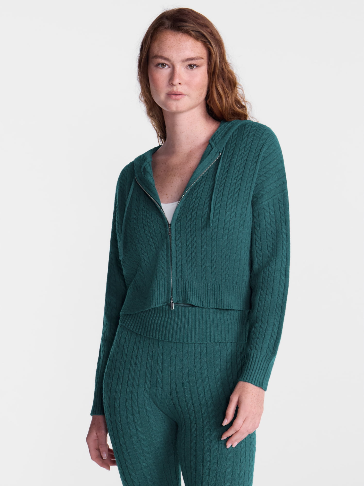 No Boundaries Cable Knit Zip Up Sweater with Hood, Women's XXS-XXL