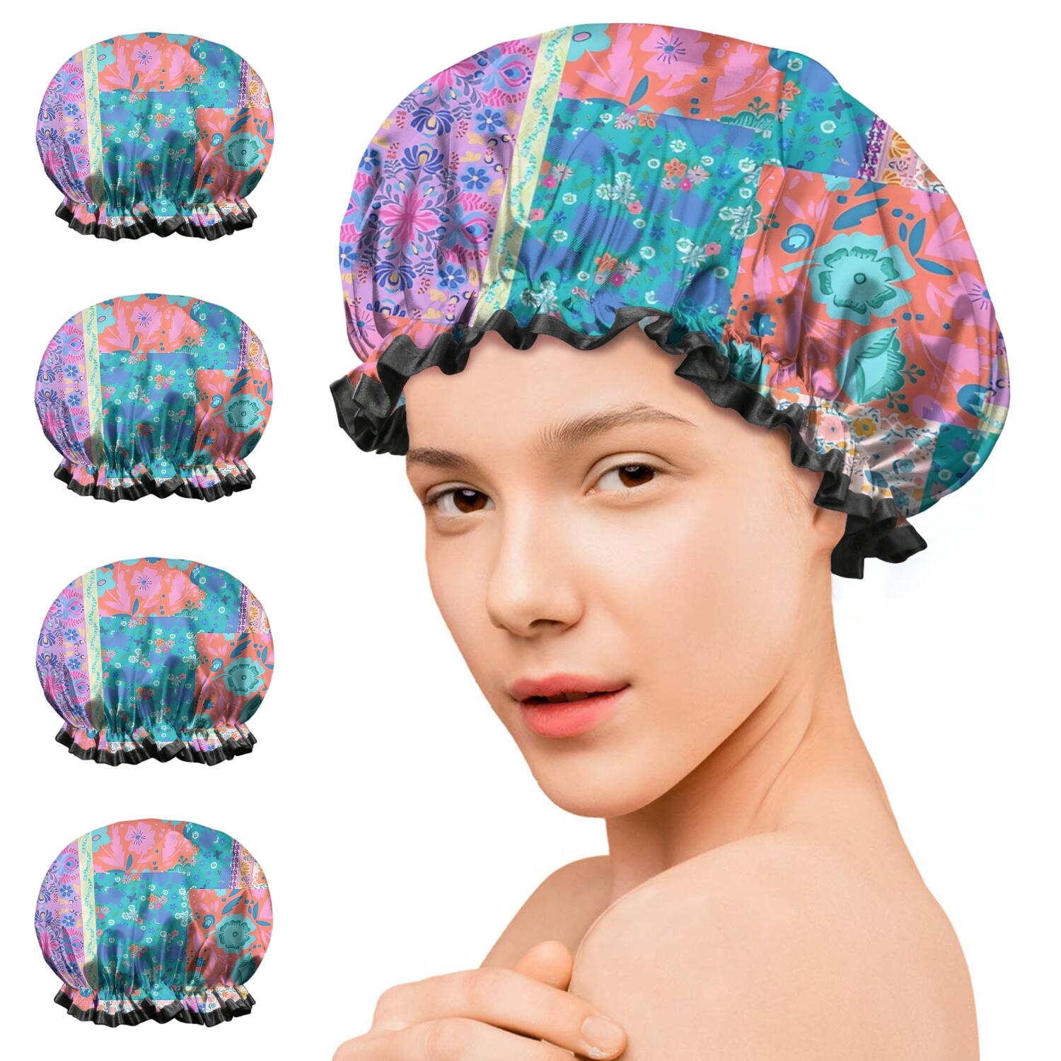 Shower Caps,Multicolor Ethnic Flower Patchwork Pattern Waterproof Shower Cap for Women 4 Pieces,Double Reusable Hair Cover for Shower PEVA Elastic Stretch Hem