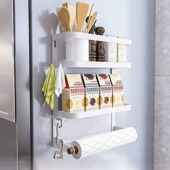 Untyo Magnetic Spice Rack，Strong Magnet  Shelf with Paper Towel Holder ，2 Tier Kitchen  Refrigerator Storage Rack Fridge Magnetic Shelf，Fridge Organizer，White
