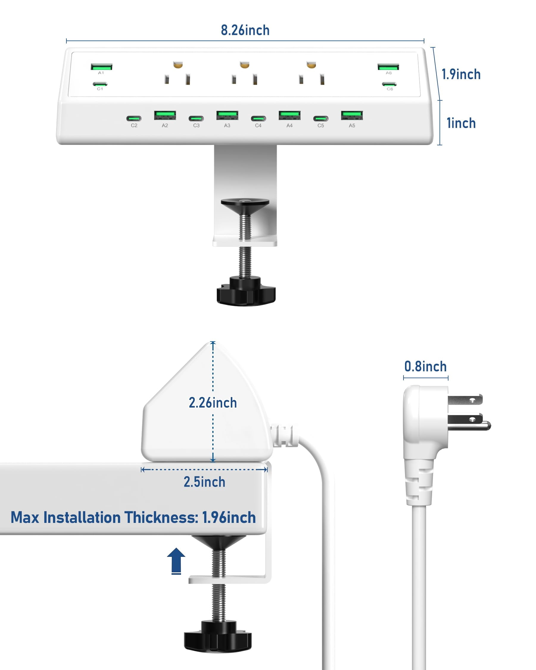 90w Desk Clamp Power Strip 12 Usb Ports (6 Pd 45w Usb-c) Surge Protector Etl Listed Hub Extension Cord Fast Charging Station For Home Office Edge Mount (white  12 Usb-90w)