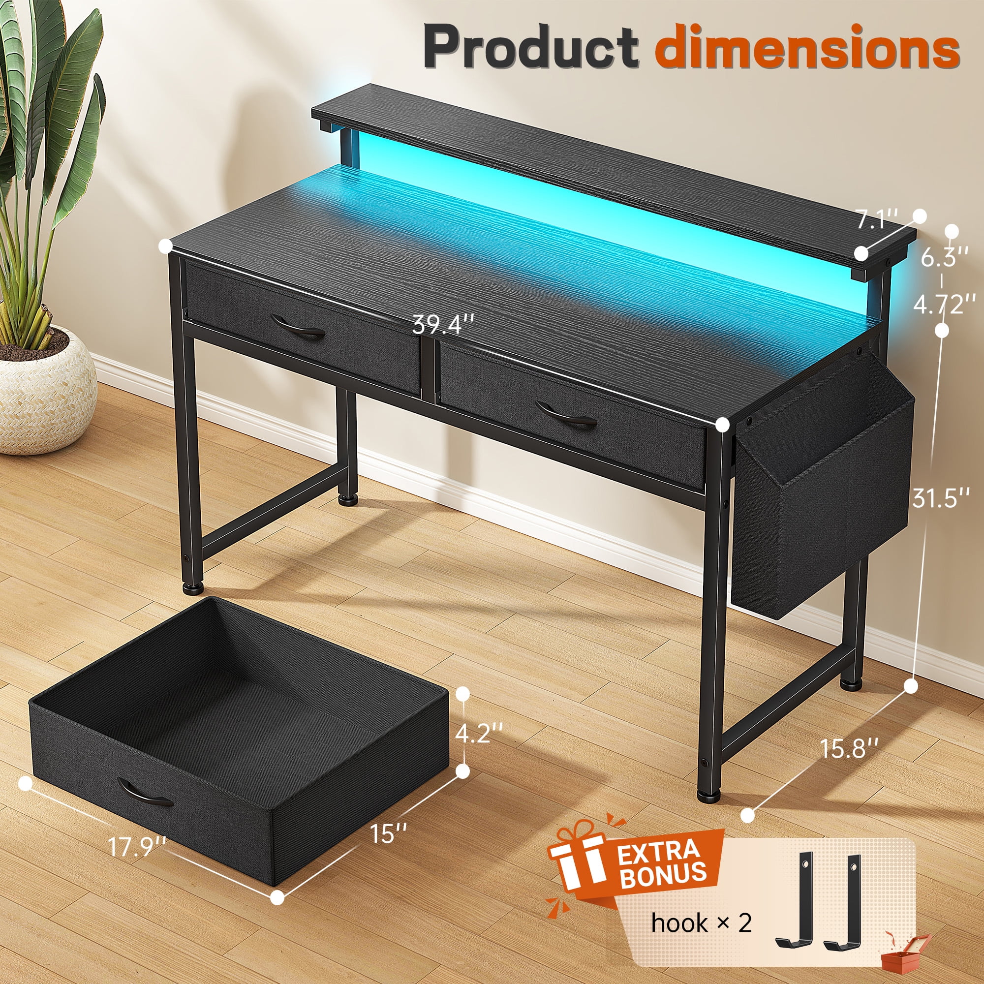 Romorgniz 37.8" H Computer Desk with LED Lights Small Desk with 2 Fabric Drawers & Side Pocket, Ergonomic Study Desk with Monitor Stand for Home Office, Gaming, Small Spaces, Black