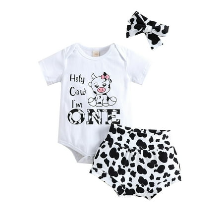 

Liacowi Newborn Baby Girl First Birthday Outfit Letter Print Short Sleeve Jumpsuit Cow Skin Print Shorts Bow Headband