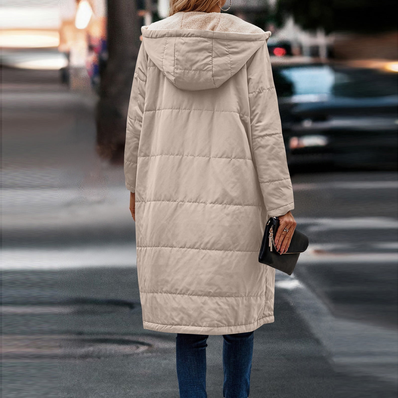 Fleece Jacket Women Long Puffer Coat Women Oversized Reversible Jackets Shearling Hooded Winter Fashion Coat Clothes Khaki XXL