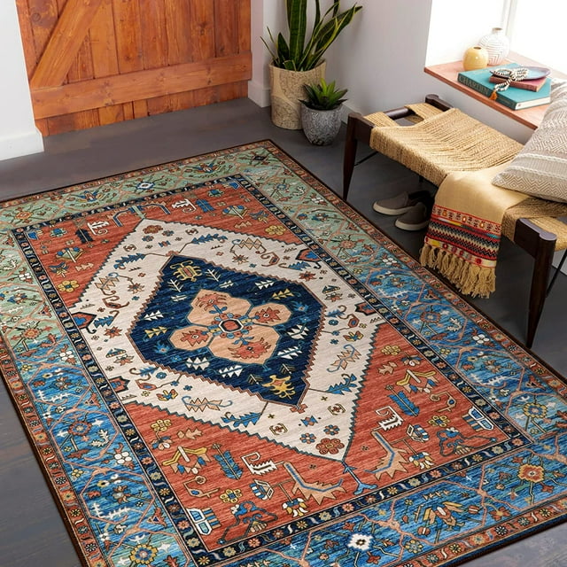 HAHDAXIA Boho Rugs for Living Room - 4x6 Area Rug Machine Washable Bedroom Rugs Non-Slip Untra-Thin Entryway Rug Throw Persian Distressed Kitchen Rugs Indoor Floor Carpet for Dining Room Bath