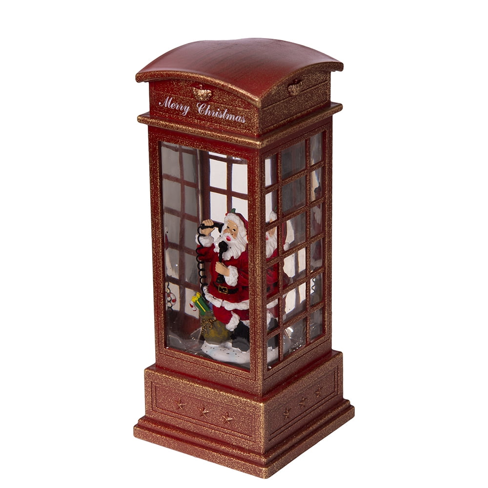 Water Lighted Spinning Phone Booth Christmas Decor with Santa on Phone Plastic Polyresin Oil Water Tabletop Holiday Accent