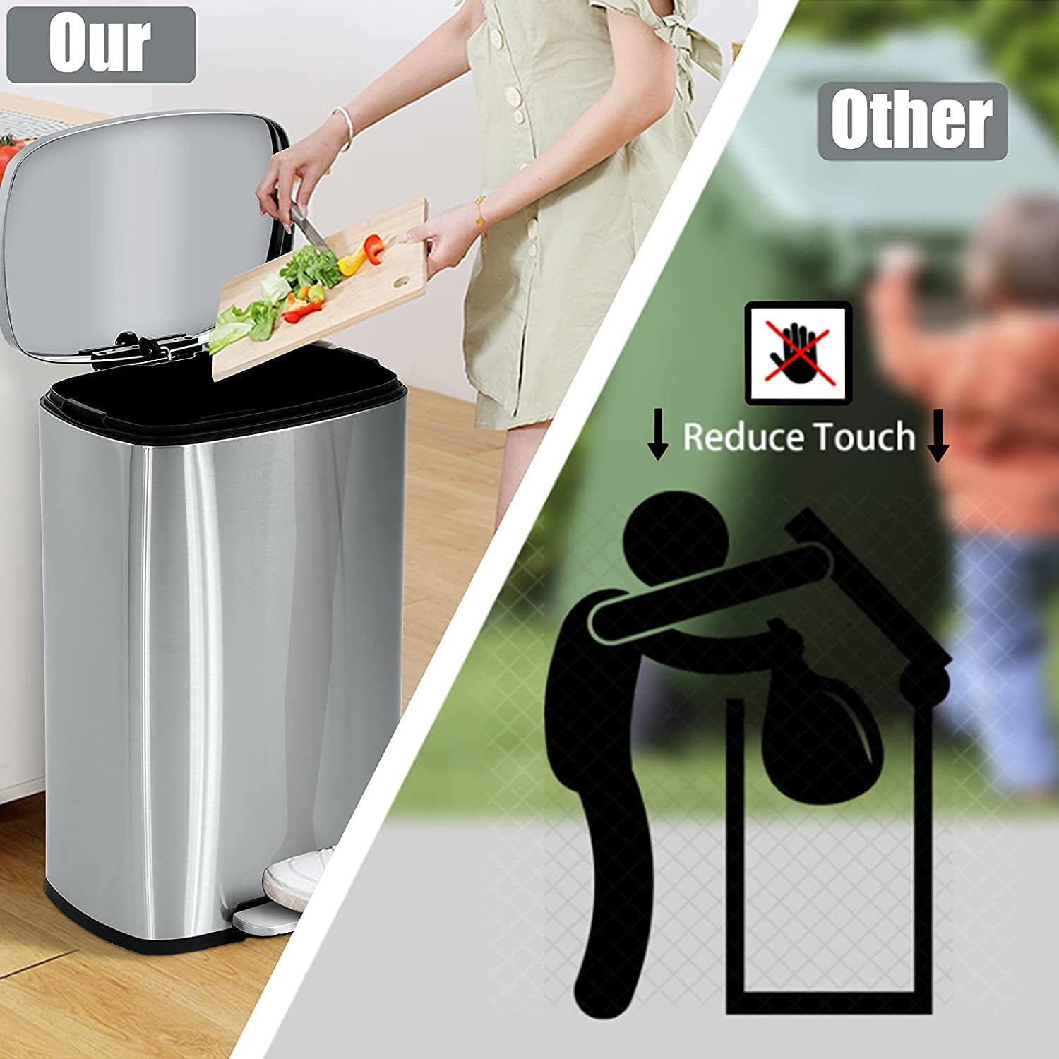 NiamVelo 13 Gallon Kitchen Trash Can with Lid, Metal Step on Trash Can Stainless Steel Trash Can Touchless Garbage Bin for Office Bedroom Bathroom , Silver