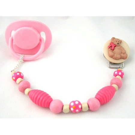 Wooden Teddy Bear Pacifier Clip with Wooden Beads