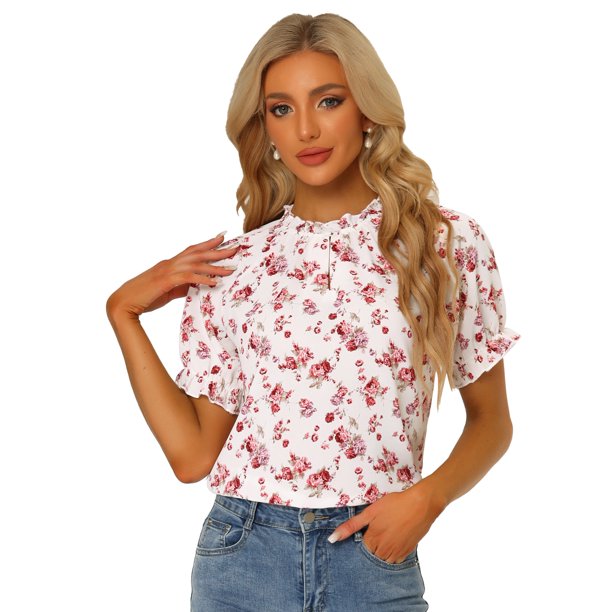 Blusas de mujer con volantes de manga corta floral con cuello simulado y volantes Blanco Crema S