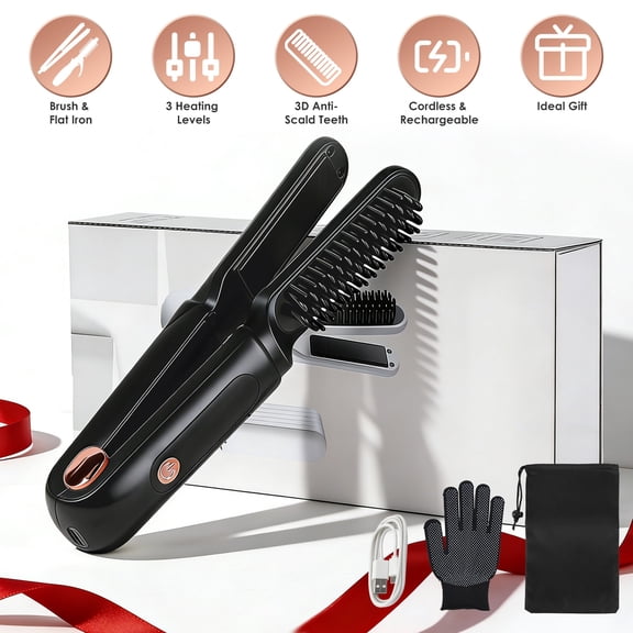 Imountek 2 in 1 Cordless Flat Iron & Straightening Brush, Ceramic Styling Iron with Carry Bag Anti-scald Gloves 2 Hairpins for Home Travel Use