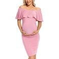 thumbnail image 1 of Ruffle Off Shoulder Fitted Maternity Dress, Ruched Side Bodycon Formal Pregnancy Dress for Baby Shower/Photography, 1 of 5
