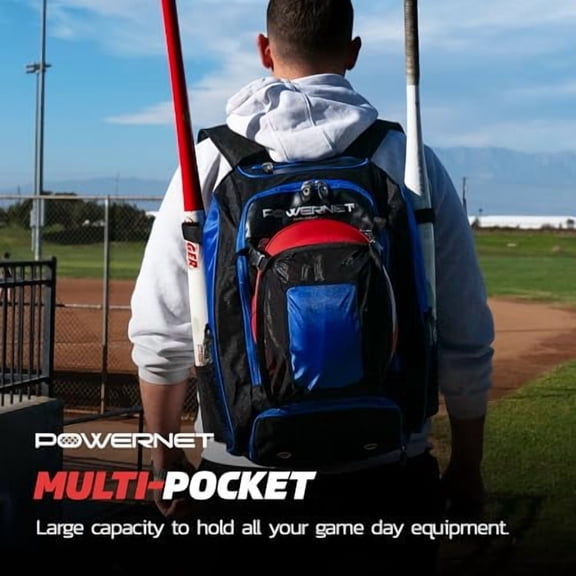 PowerNet Baseball Softball Backpack, Choose from 3 Colors Red Black Blue, Padded Helmet Carrier, Dual Bat Sleeves, Vented Cleat Compartment, Fence Hook, Hook and Loop Batting Glove
