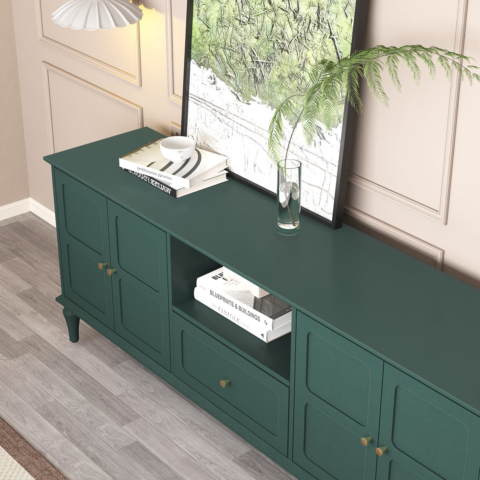 67" Mid-Century TV Stand for TVs up to 75 " , Retro Entertainment Center with Storage Cabinets and Drawers, Green