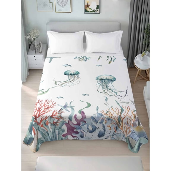 Coastal Jellyfish California King Size Flat Sheet, Wrinkleproof & Fadeproof Cooling Flat Bed Sheet Only, Ocean Nautical Starfish Coral Seaweed Breathable Soft Bedding Top Sheets 108 x 98 Inches