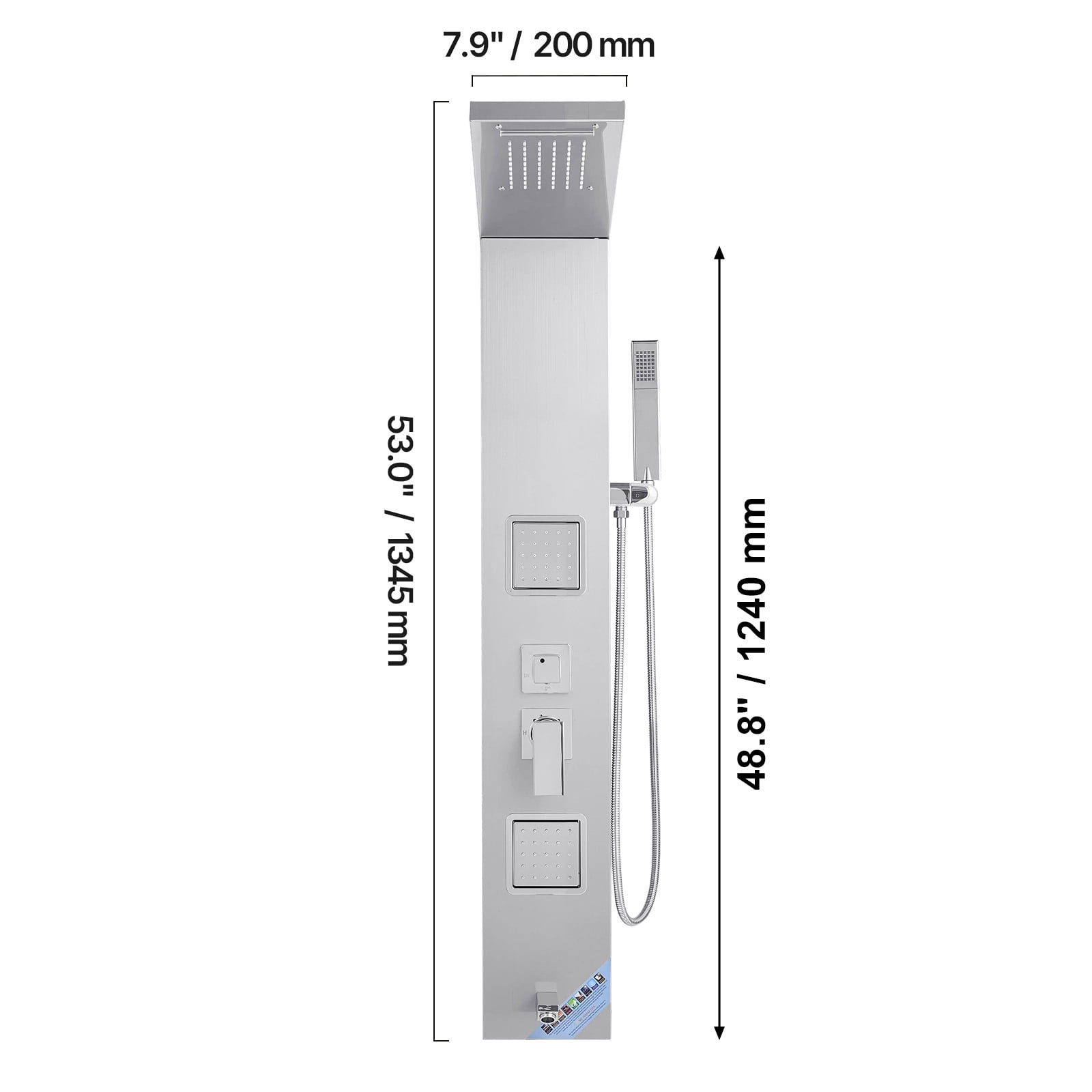 VEVOR Shower Panel Tower System with Rainfall Waterfall Shower Head, 53 in Brushed Stainless Steel Shower Column, 5-Function Faucet, Wall-Mount Rain Massage System with 2 Body Jet,Handheld,Tub Spout