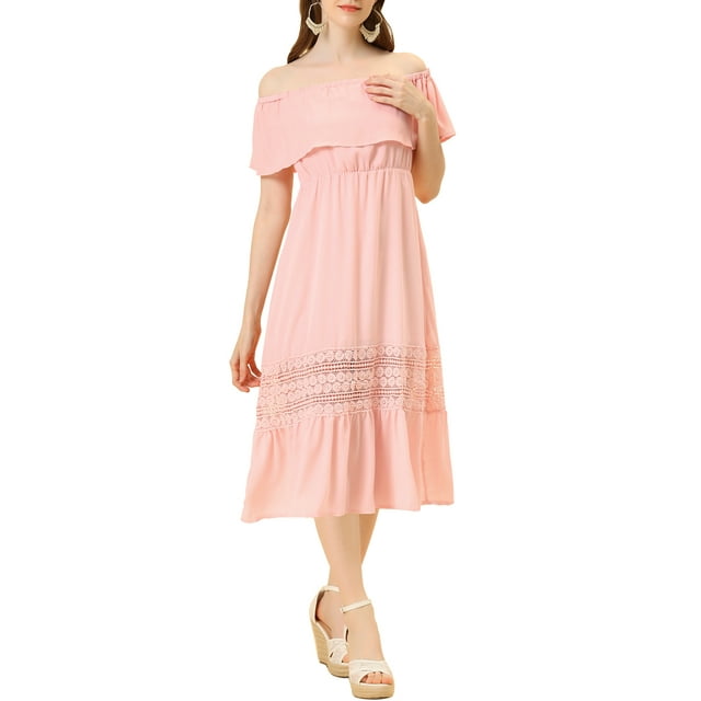 INSPIRE CHIC Women's Dress Flutter Sleeve Off The Shoulder Ruffle Lace Insert Maxi Dresses XS Light Pink