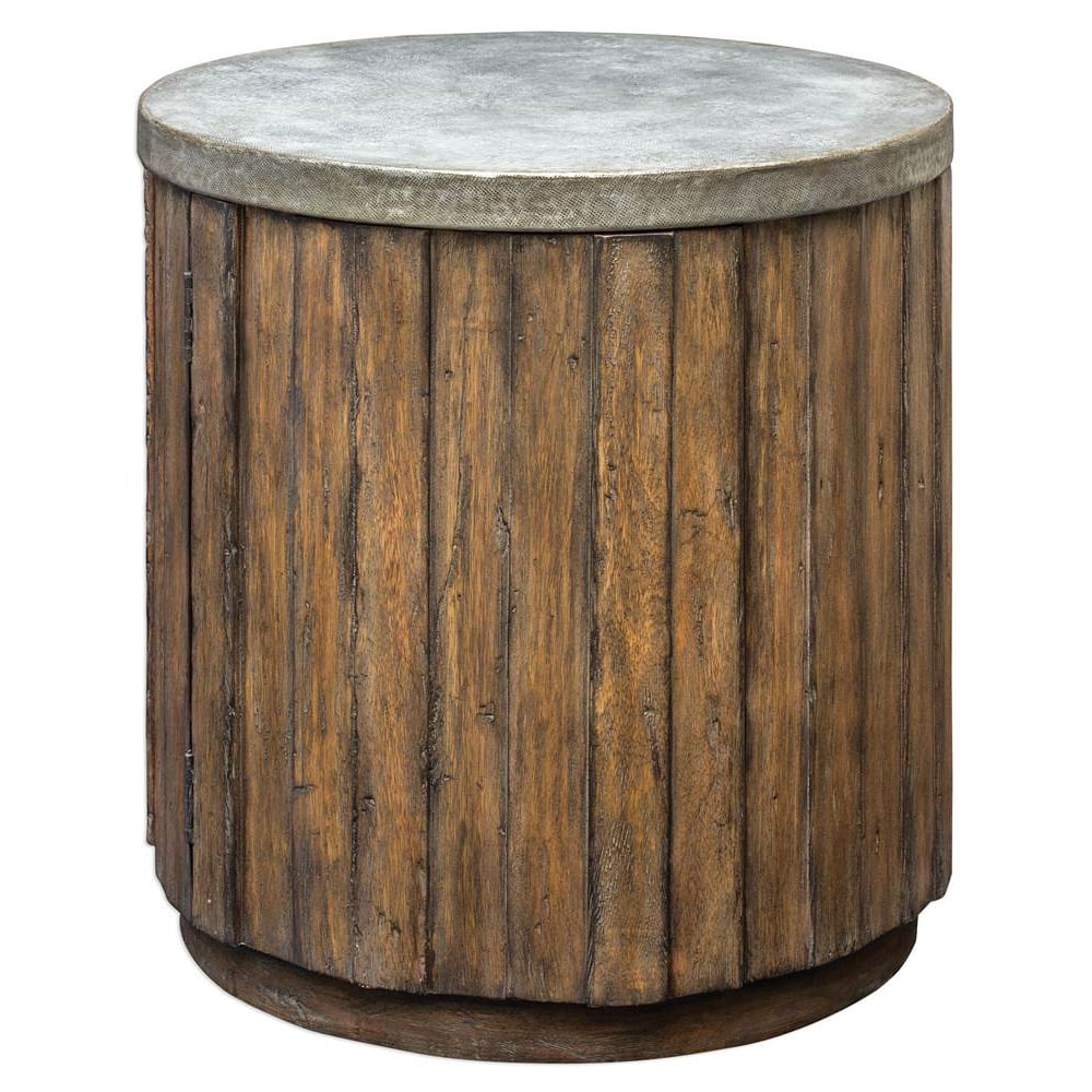 Wooden Drum Accent Table in Brown