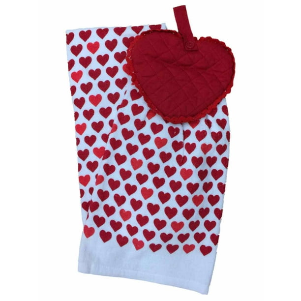 Celebrate Valentine Kitchen Towel Set Red Hearts with Hanger, 2 Love