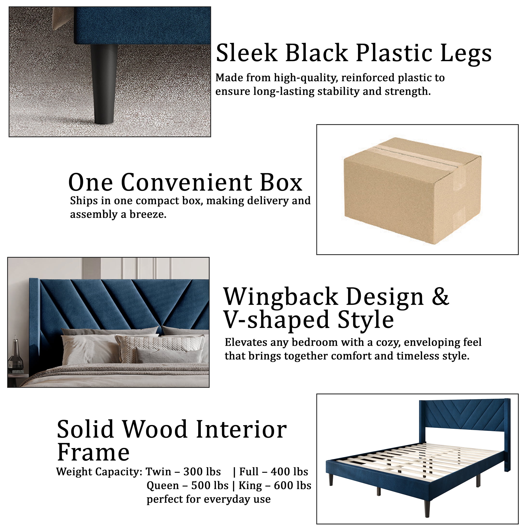 Castle Place Sophisticated Wingback Velvet Upholstered Full Platform Bed, Navy Blue