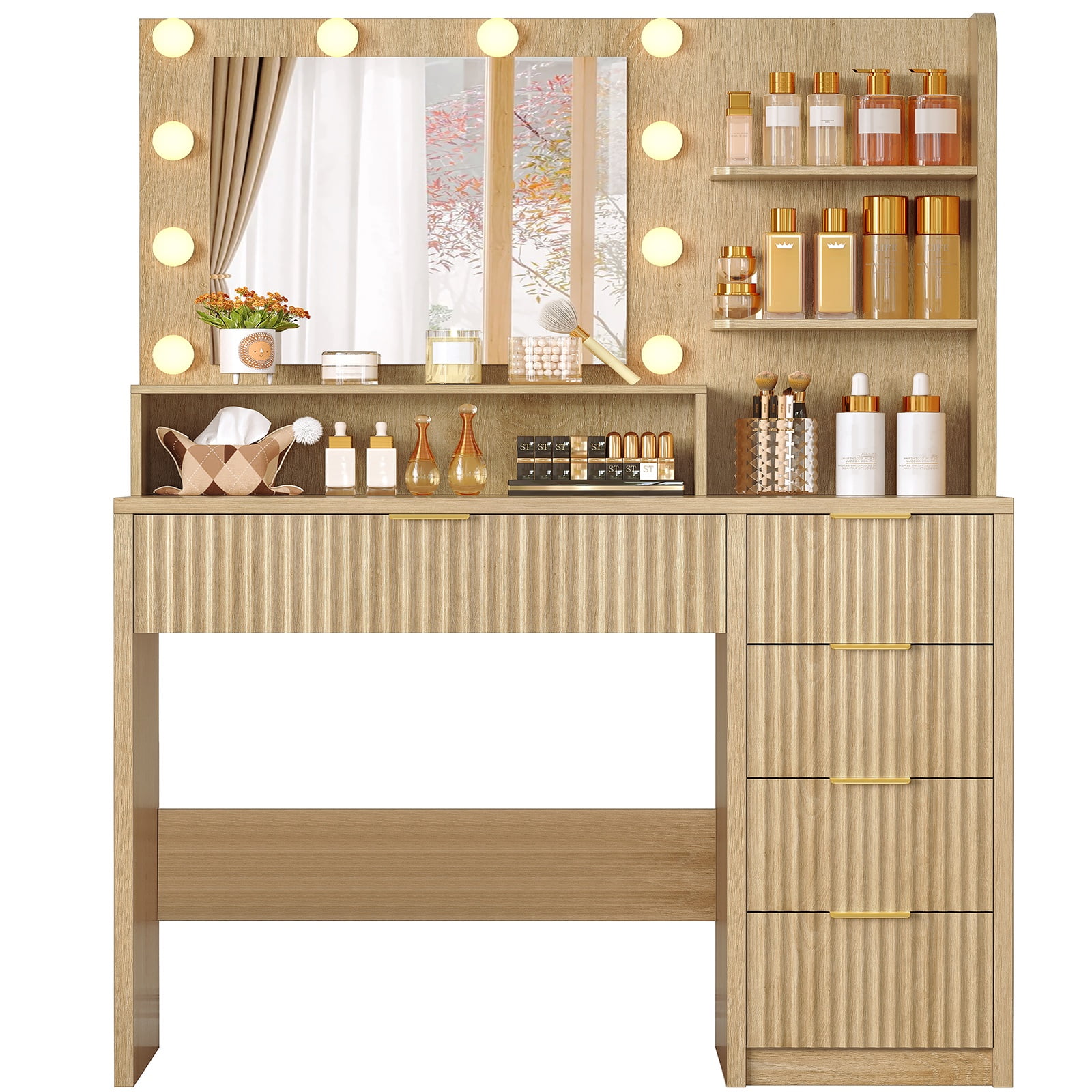 Makeup Vanity Set with Mirror & Lights, Vanity Desk with 5 Drawers & Storage Shelves, Makeup Vanity , 3 Color Modes & Adjustable Brightness Dressing Table, Bedroom, For Christmas gifts, Natural
