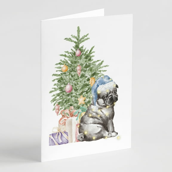 Carolines Treasures CK8231GCA7P Pug Black Puppy Christmas Presents and Tree Greeting Cards and Envelopes Pack of 8 7 x 5