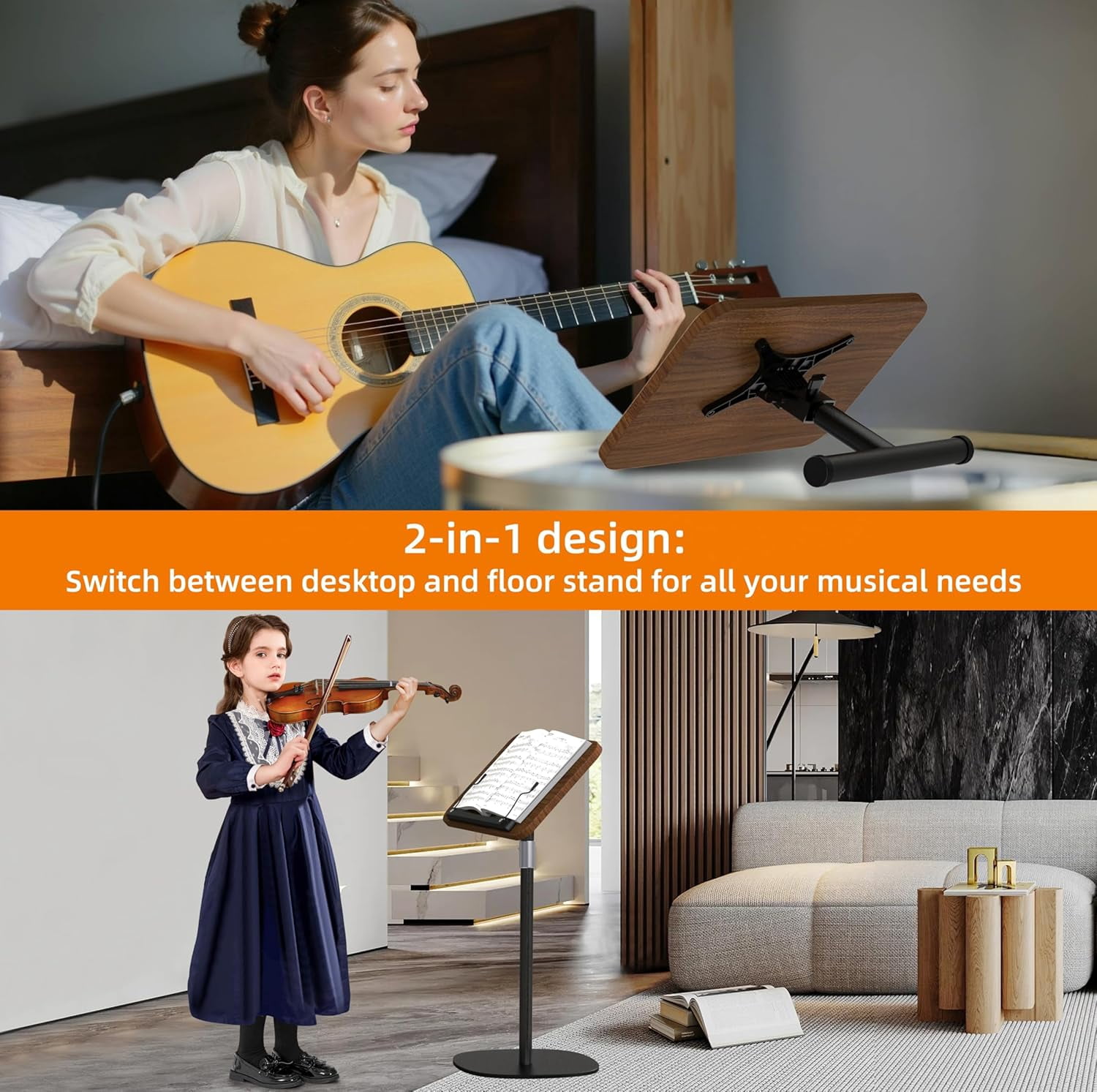 2-in-1 Dual-Use Music Stand & Tabletop Stand, Heavy Duty Wooden Music Stand for Sheet Music, Adjustable Height & Angle, With Page Paper Clip, Ideal for all musicians (Walnut Effect)