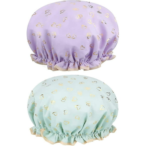 Dww-bonnet De Bain Double Couche 2 Pices (coeurs Verts Et Violets), Bonnet De Bain Impermable Bande Lastique, Double Couche Rutilisable, Peut Tre Uti