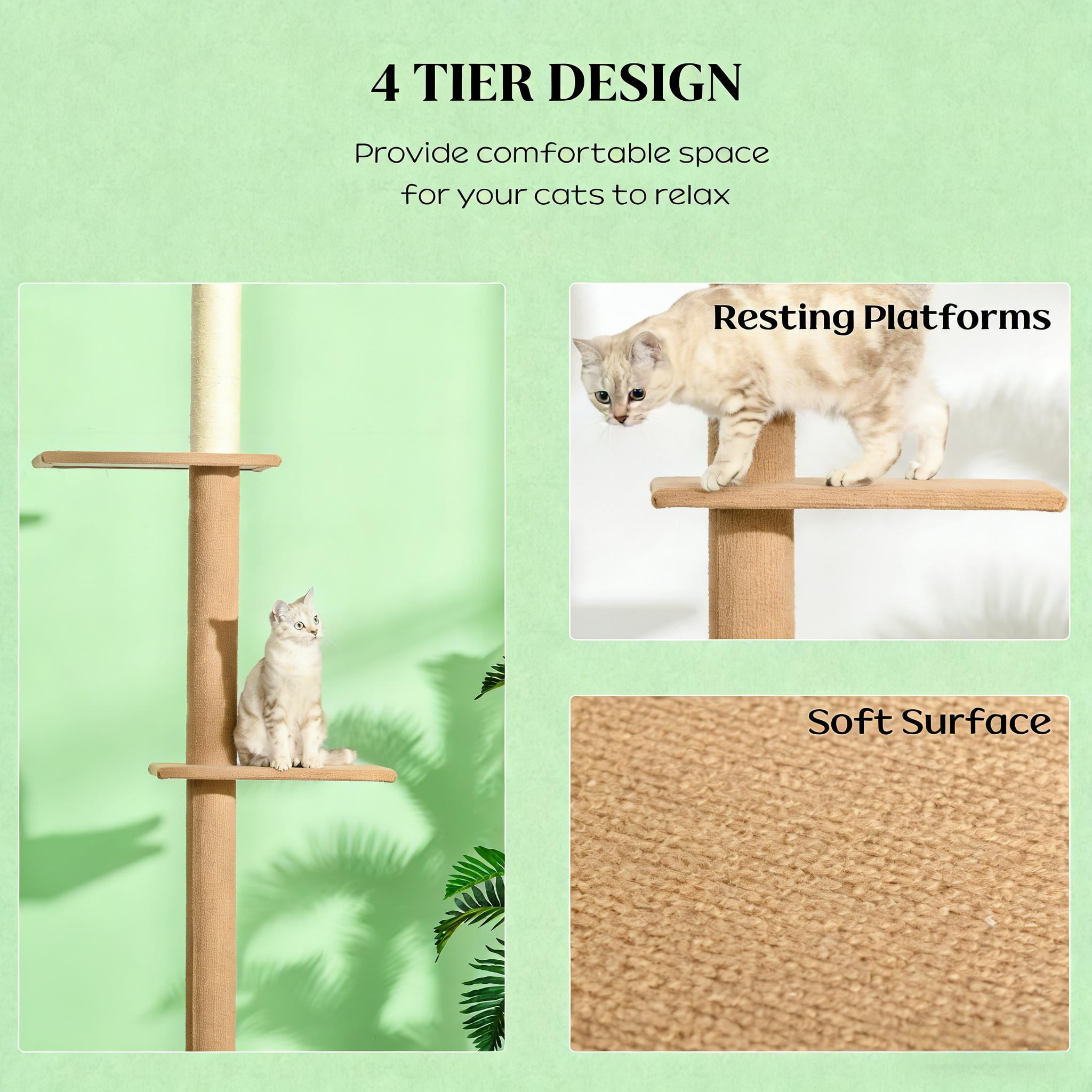 ZephyPaws 89 in Tall Cat Tree Wall Mount,16in Top Perch Bed for Large Adult Cats, Adjustable Cat Tower Floor to Ceiling for Scratch,Climb and Lookout,Brown White