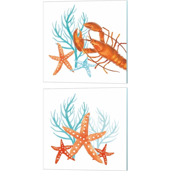 Great Art Now Coral Aqua C by Tara Reed 2 Piece Canvas Art Set Each 14"W x 14"H