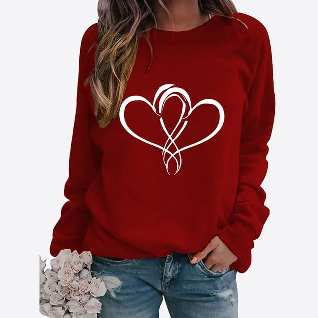 Meichang T-Shirts Cœur d'Amour pour Femmes T-Shirts de la Saint-Valentin Hauts Col Rond de Vacances T-Shirts Graphiques Cœur d'Amour Pull à Manches Longues en Solde Cadeaux de la Saint-Valentin