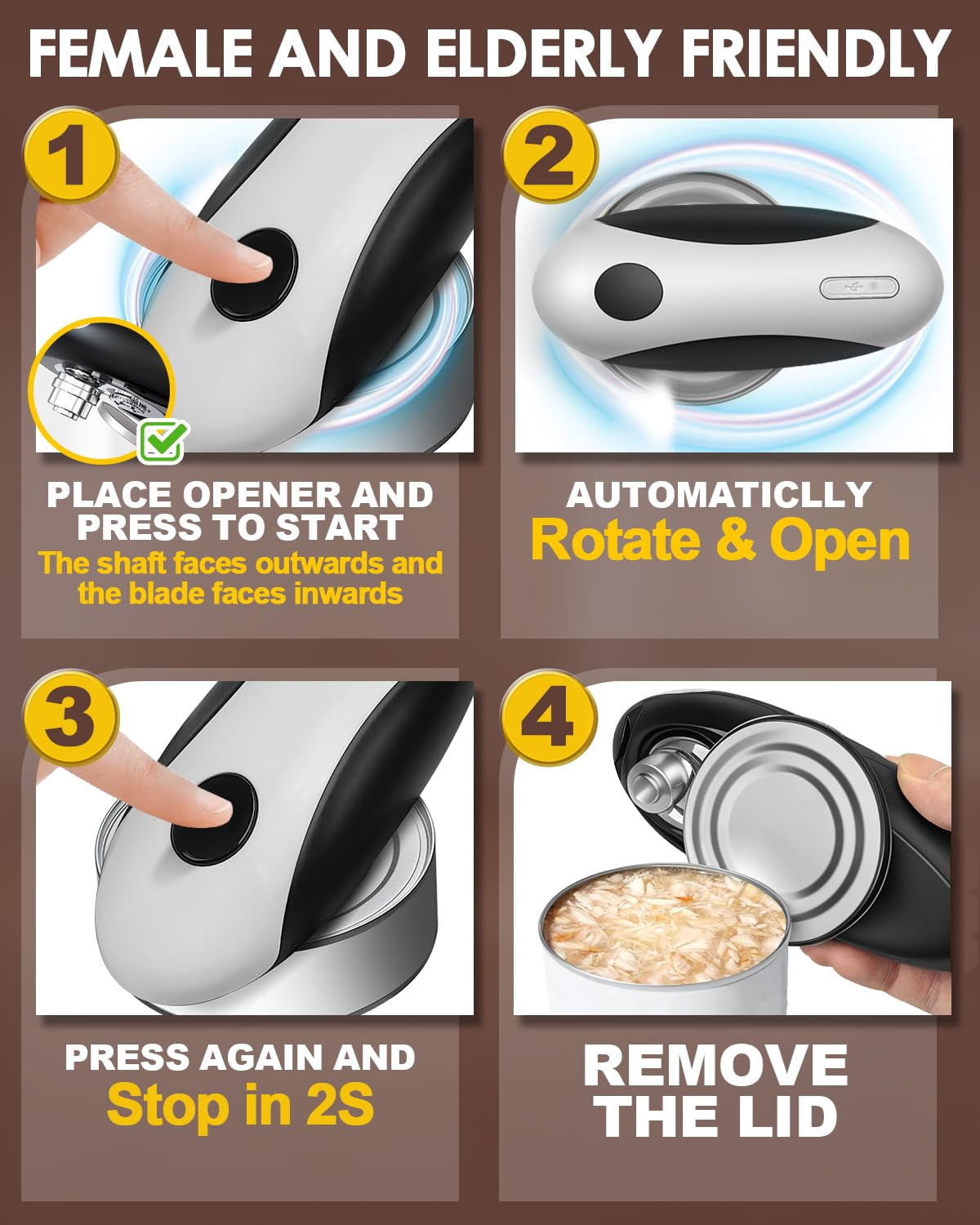 JFengqi Electric Can Opener, One-Touch Automatic Can Opener, Rechargeable, Hands-Free, Fits All Can Sizes, Catch for Kitchen & Seniors with Arthritis