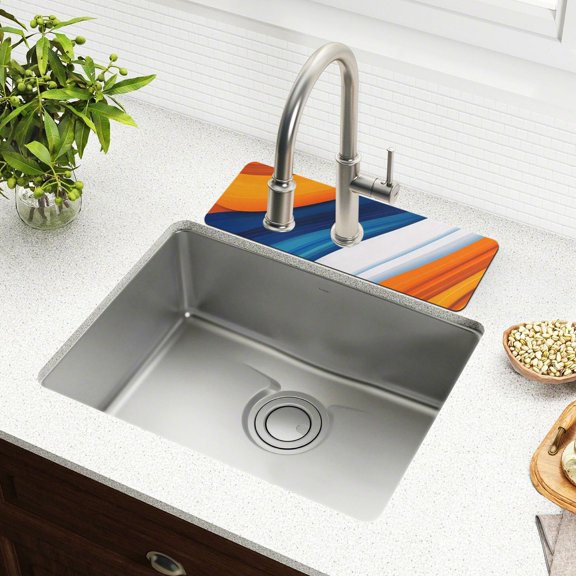 Yayeee Faucet Mat for Kitchen Sink 14.7" Diatomite Long Splash Guard Pad, Orange Abstract Wavy