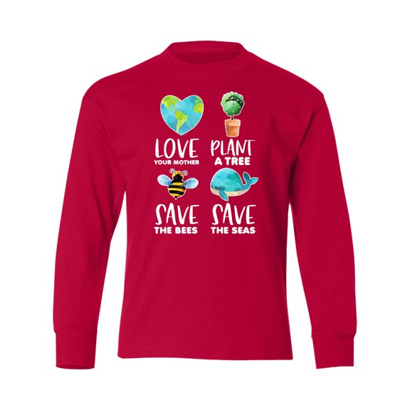 Inktastic Earth Day Plant a Tree Save the Bees Save the Seas Love Your Mother Earth Long Sleeve Youth T-Shirt