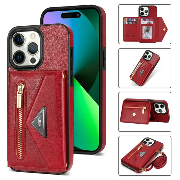 TECH CIRCLE Wallet Case For iPhone 15 Pro Max,PU Leather Card Slots Flip Folio Stand Case Durable Shockproof Protective Zipper Pocket Cover with Shoulder Strap for Apple iPhone 15 Pro Max 2023,Red