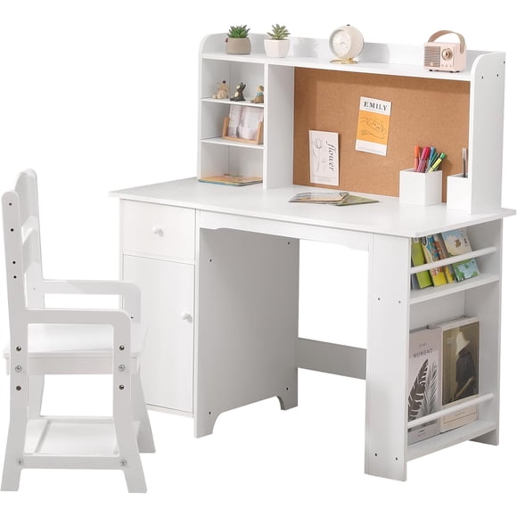 Bingirl Kids Desk and Chair Set, Wooden Study Table with Storage Shelf, Bulletin Board, Children School Learning Desk Set, Writing Table