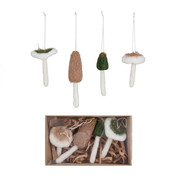 Creative Co-Op Wool Mushroom Ornaments with Gold Glitter, Multicolor, Set of 4