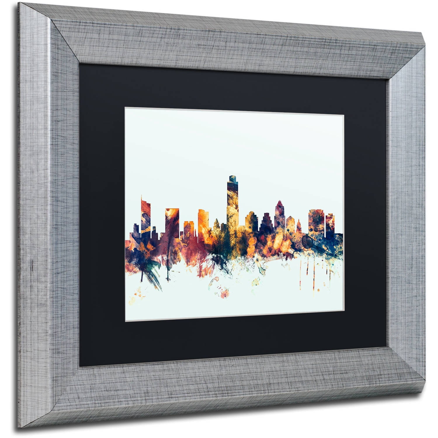 Trademark Fine Art "Austin Texas Skyline Blue" Canvas Art by Michael Tompsett, Black Matte, Silver Frame