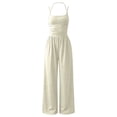 thumbnail image 6 of LEKODE Summer Jumpsuits Wide Leg Pants Rompers with Pockets Flowy Jumpsuits for Women Backless Jumpsuit Ruched Rompers Sleeveless Jumpsuits Womens Summer Outfits Beige L, 6 of 6