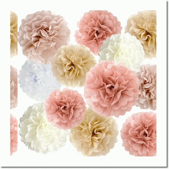 Rainbow Dreams Tissue Pom Poms - Whimsical Party Decorations for Birthdays, Showers & Celebrations - Cream & Dusty Pink Centerpieces - 12 Pcs