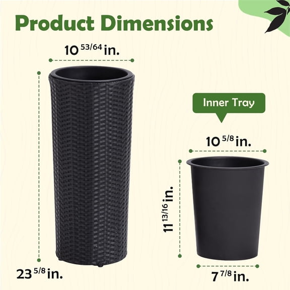 IDZO All Weather Wicker Planters for Outdoor Plants Set of 2, 24 inch Tall Black Planter for Front Porch, , Balcony, Indoor Usage - Round Rattan Flower Pots