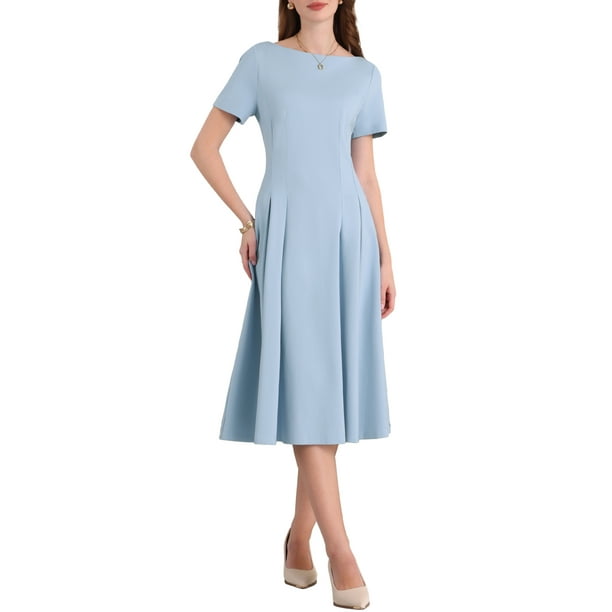INSPIRE CHIC Vestidos de Cuello Barco para Mujeres 2025 Midi Swing Vestido A-Line para Ocasiones Elegantes y Casuales XL Azul Claro