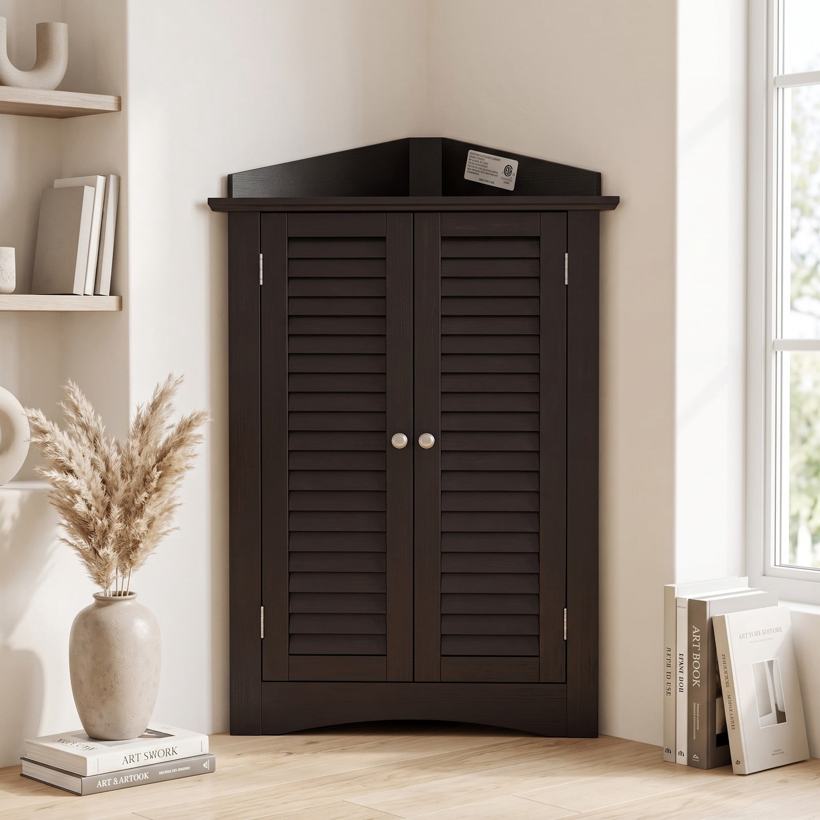 Fenbeli Bathroom Corner Floor Cabinet, Freestanding Wooden Storage Organizer with Shutter Door and Adjustable Shelf, Anti-Tipping Space-Saving Unit for Bathroom, Brown