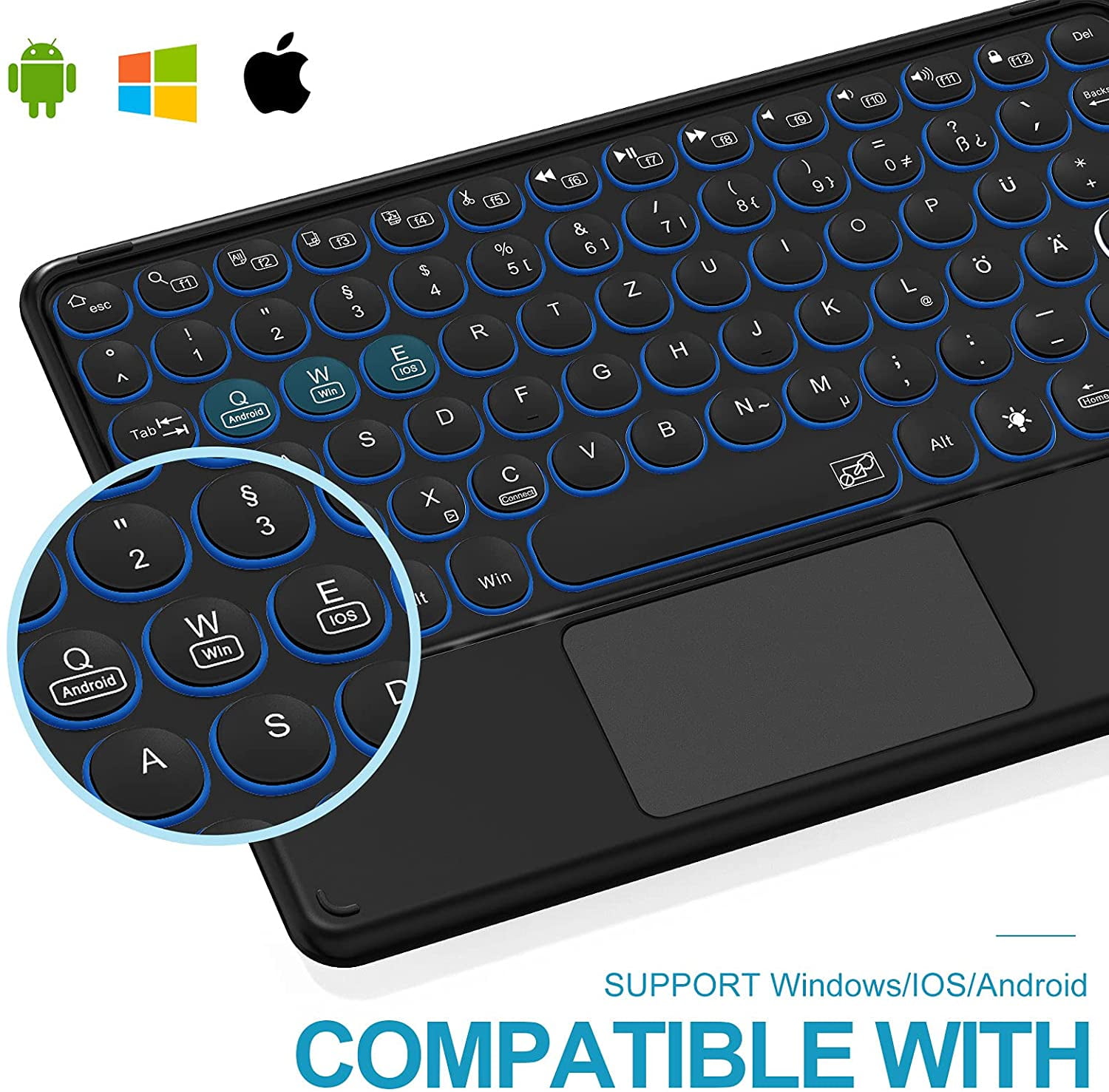 Multi-device Bluetooth Keyboard with Touchpad, Rechargeable Portable Wireless Tablet Keyboard with Touchpad and 7-color Backlight Compatible with IPad, IPhone, IOS Android Windows (black)