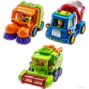 WolVol Friction Powered Automatic Car Toys Includes Street Sweeper Truck, Cement Mixer Truck, Harvester Toy Truck - Push and Go Toy Cars for Toddlers Kids Gift