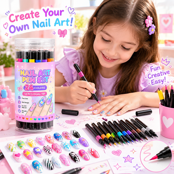 Nail Art Pens Set, Dual Ended Nail Polish Pens, 24 Colors Nail Art Markers